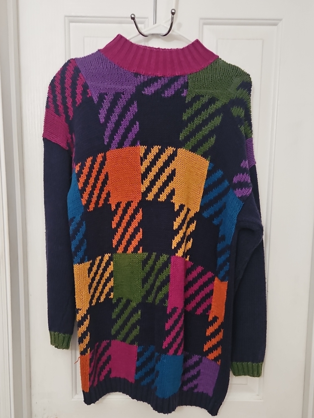 Vtg 80s 90s Allpoints Colorblock Mockneck Long Sweater or Mini Dress Sz Med